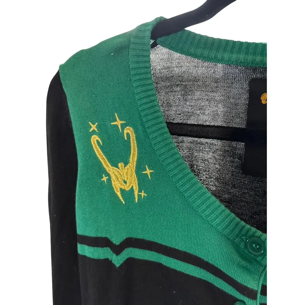 Marvel Green and Black Loki V-neck crop button cardigan with gold embroidery